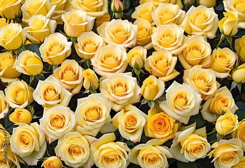A lot of beautiful yellow rose flowers all over the place, for a beautiful bright wall background