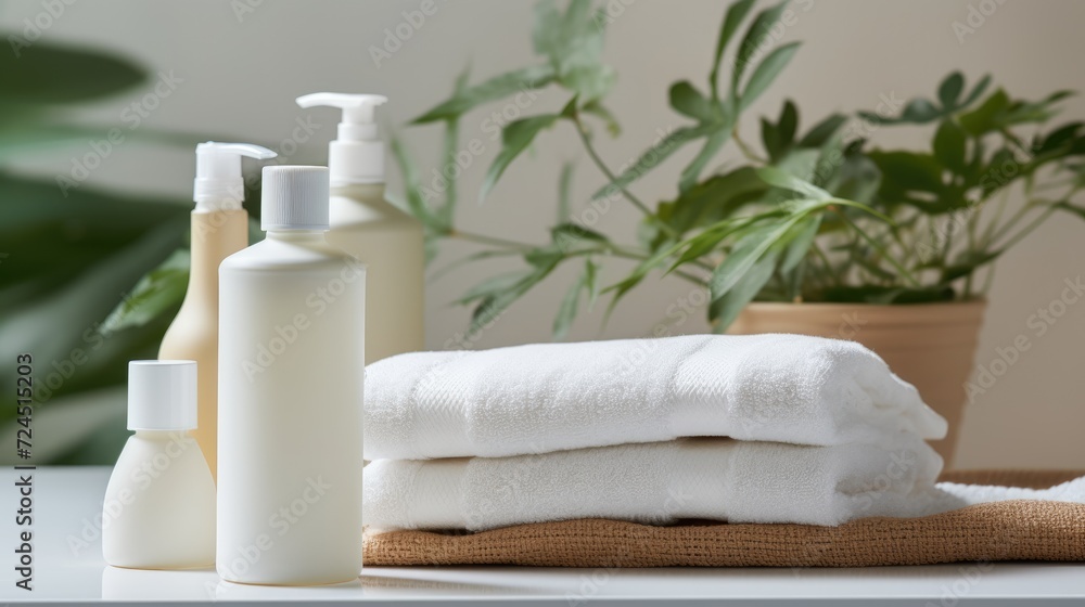 White bottles of soap or shampoo on the table in the bathroom. White cotton towels are stacked. Stylish interior and hygiene items. White bottles of soap or shampoo on the table in the bathroom. White cotton towels are stacked. Stylish interior and hygiene items.