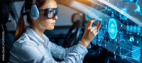Engineer programming autonomous vehicle with interactive holographic elements in blurred background