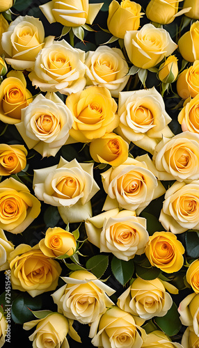 A lot of beautiful yellow rose flowers all over the place, for a beautiful bright wall background