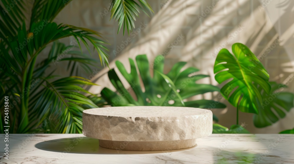 3D stone podium, surrounded by large palm fronds 3D stone podium, surrounded by large palm fronds