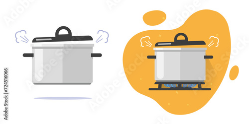 Boiling water pan pot cooking soup on fire gas stove steaming icon vector flat cartoon illustration graphic image clipart