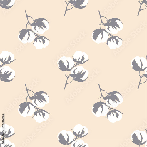 Seamless pattern of Cotton branch with bud flowers on pastel background.