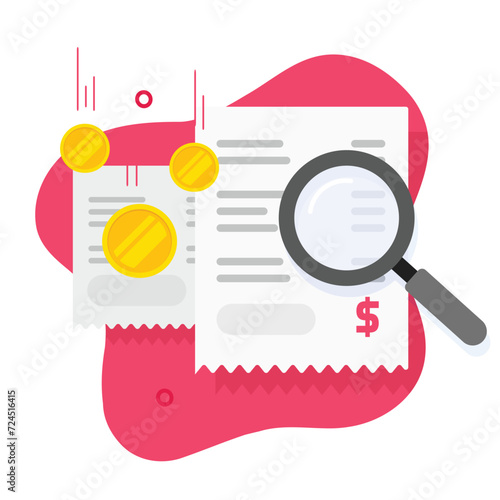 Bill receipt money finance analysis via magnifying glass icon vector flat cartoon graphic illustration, cost price verify check invoice, payment budget shop analytics income earnings image clipart