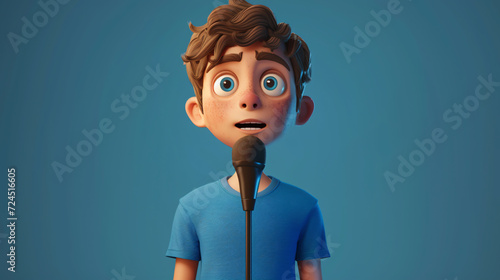 A charismatic cartoon teenager with a microphone is depicted in a captivating 3D headshot illustration. This cool, young character wears a midnight blue t-shirt, exuding confidence and talen photo