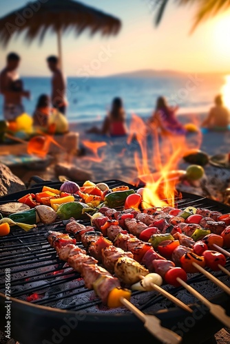 Barbecue party with people in the background, grilled skewers, brochettes, grilled meat and vegetables, at the beach, summer party, barbecue at the sea,  people having fun, friends, Generative AI