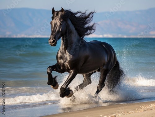Beautiful black horse running on the sea beach ultra HD wallpaper image