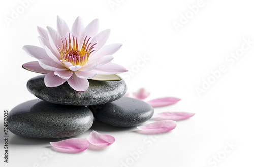 Tranquil spa stones complement lotus blooms  isolated on transparent background. PNG