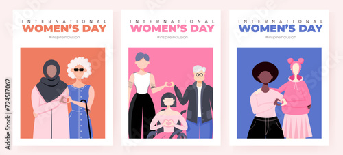 International Women's Day banner, backround, poster set. Inspire inclusion 2024 campaign. Group of women of different ethnicity, age, body type, hair color vector illustration in flat style.