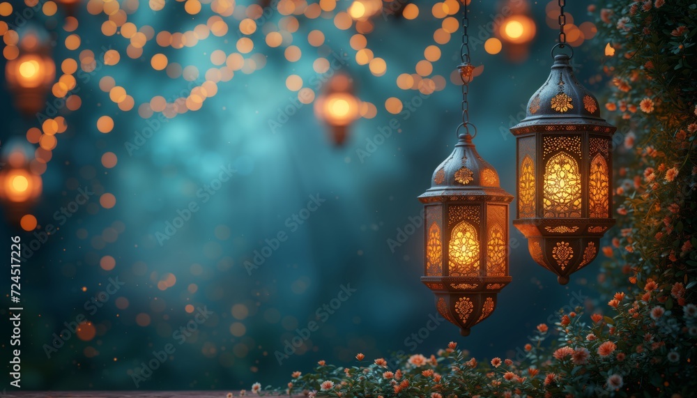 lanterns hanging from a tree with lights in the blur background