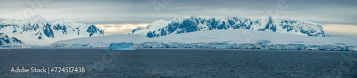 Paroramic scenery along the shores of Paradise Bay during the sothern summer solstice, Gerlach Straight, Antarctica.