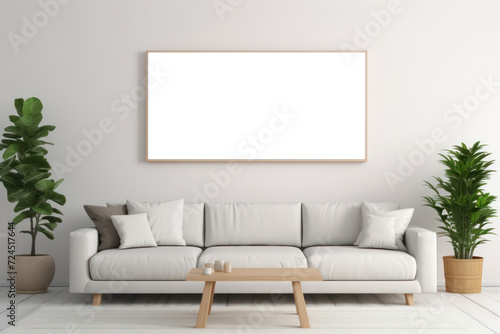 Blank picture hanging on wall in room interior, empty mockup for custom design