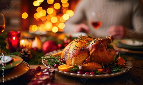 Turkey for thanksgiving, family meal, roasted chicken, christmas lights in the background, sharing a meal, fireplace, homemade family dish, grilled poultry, christmas meal, lunch, Generative AI 