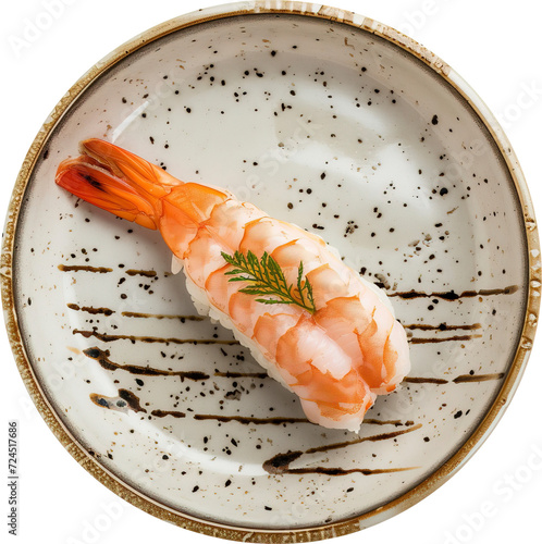 Shrimp Nigiri showcased on an intricately designed Japanese ceramic dish, isolated on transparent background. PNG photo