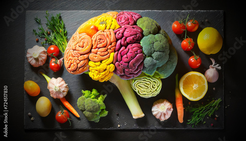 Closeup of a human brain made of fruits and vegetables on a black stone cutting board and a black table. Generative Ai. photo