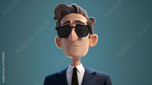 A stylish and suave cartoon man rocks an indigo suit and trendy sunglasses in this captivating 3D headshot illustration. With a confident smile on his face, he exudes a cool vibe that is sur