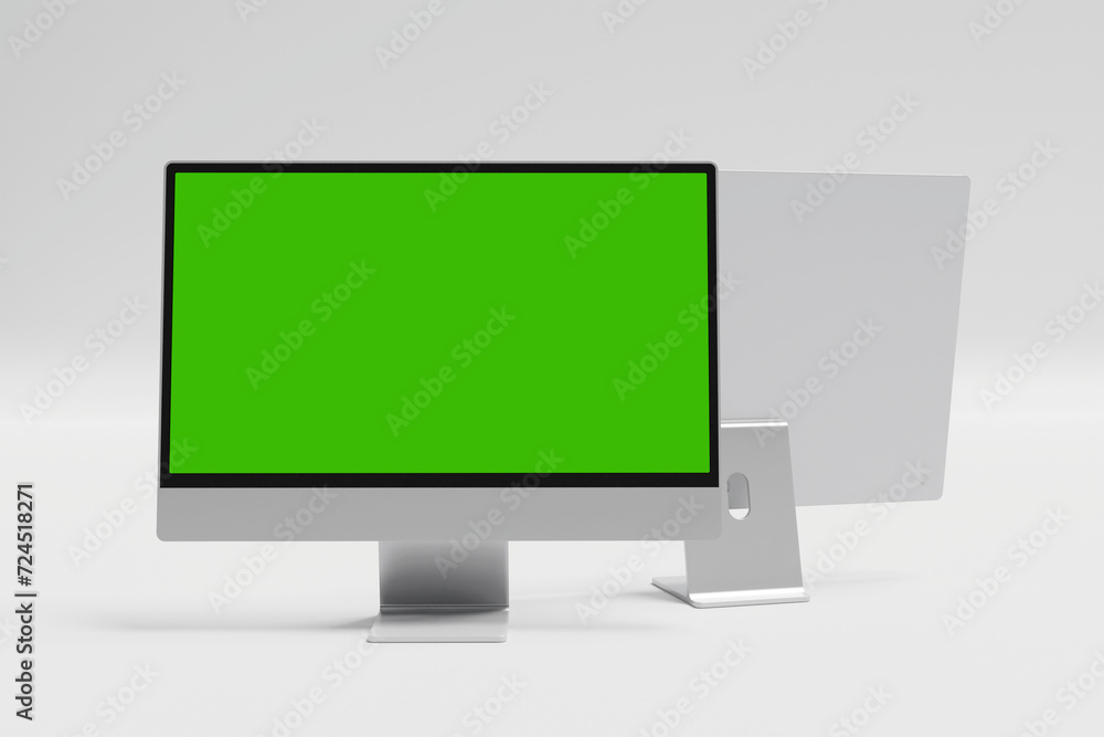 Realistic 3D Computer, with a green screen, isolated on a background Realistic 3D Computer, with a green screen, isolated on a background