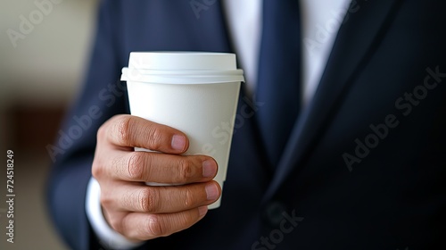 Close up of businessman s hand holding an empty coffee to go paper cup, with copy space
