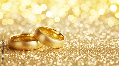 Close up of two gold wedding rings on soft yellow bokeh background with space for text placement