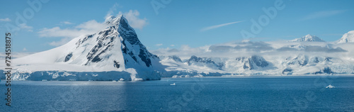 Panoramic view of the mountain range of the Antarctic Peninsula mainland, Paradise Bay, Gerlach Straight, Antarctica photo