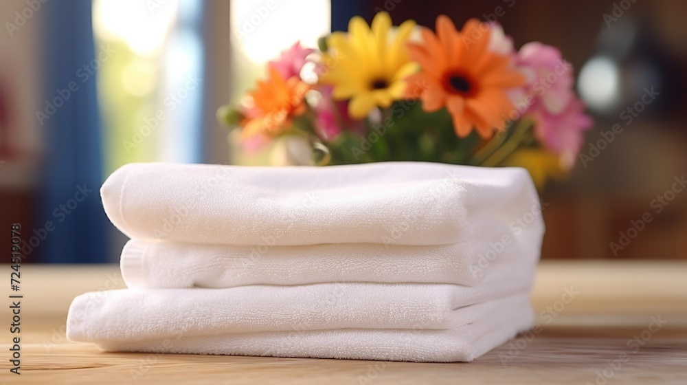 Clean white towels with flowers stacked on a table. Spa objects concept. Created with Generative AI Clean white towels with flowers stacked on a table. Spa objects concept. Created with Generative AI