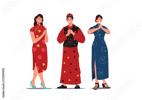 People Dressed in Traditional Chinese Costumes Perform Fist and Palm Salute Gestures to Wish a Happy Chinese New Year