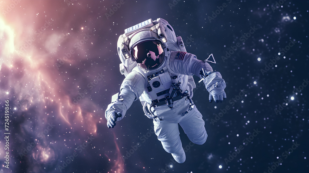 Fototapeta premium An astronaut explores space in a white spacesuit and flies in zero gravity