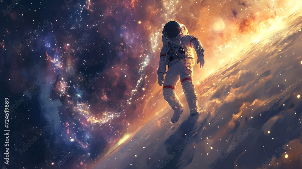 Fototapeta premium An astronaut explores space in zero gravity in a spacesuit