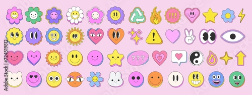 Cute Funky Emoticon Funny Characters. Trendy Y2k Smile Emoji Stickers. Groovy Happy Faces Vector Elements. photo