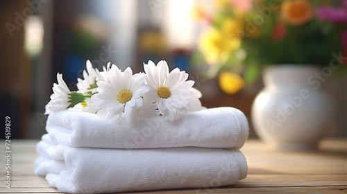 Clean white towels with flowers stacked on a table. Spa objects concept. Created with Generative AI