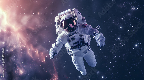 An astronaut explores space in a white spacesuit and flies in zero gravity