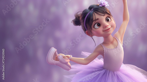 A whimsical and enchanting 3D headshot illustration of a charming cartoon girl, donning delicate ballet slippers and a lovely soft lilac tutu. Perfect for capturing the joy and grace of ball