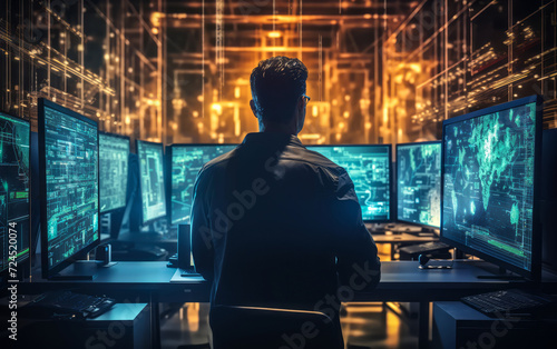 Cybersecurity professional working inside a high-tech server room with immersive interface graphics and data encryption visualizations in a modern network operations center