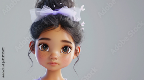 A delightful 3D headshot illustration of a charming cartoon girl with a dainty pair of ballet slippers. She is adorned in a soft lilac tutu, evoking grace and elegance. Perfect for adding a