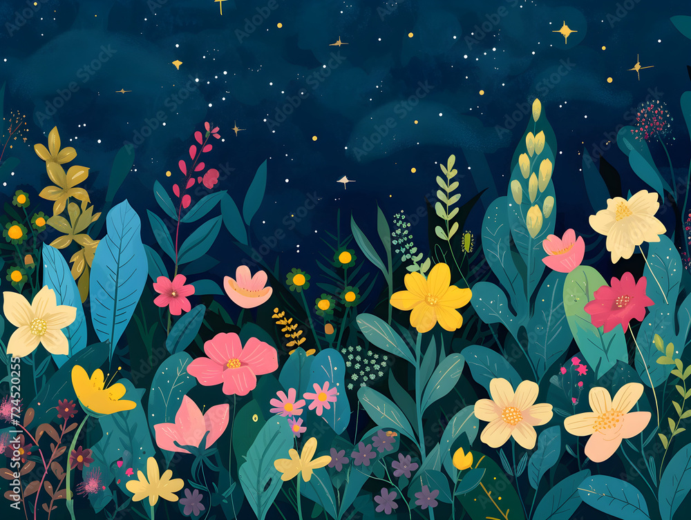 Naklejka premium Enchanted Midnight Garden - Magical Starry Night Sky with Lush Floral Landscape Illustration, Fantasy Botanical Backdrop Concept