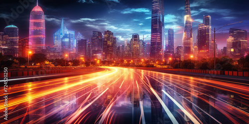 Futuristic urban nightscape with vibrant light trails from traffic in a modern city with skyscrapers and a dynamic sky photo