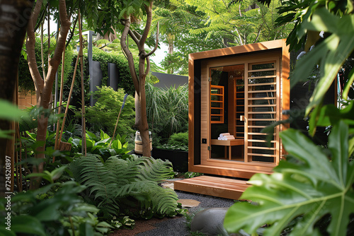 Outdoor home sauna surrounded by a lush garden