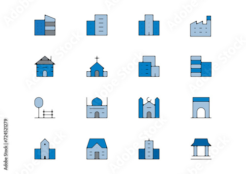 Planche icone batiment edifice ville maison immeuble bleu