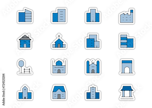 Planche icone batiment edifice ville maison immeuble bleu relief