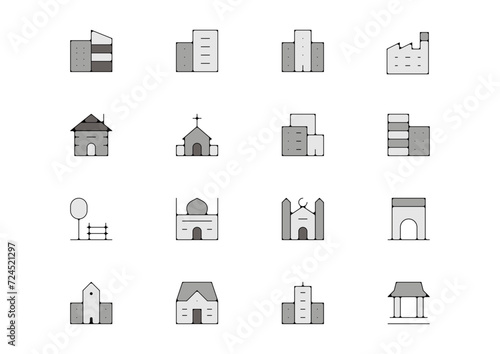 Planche icone batiment edifice ville maison immeuble gris