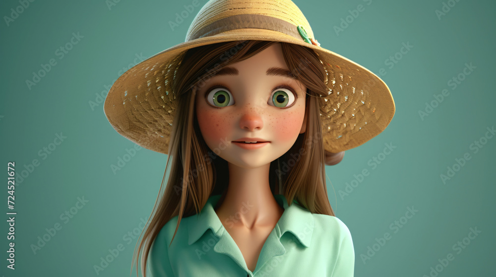 A cheerful cartoon girl donning a stylish sun hat and a mint green blouse comes to life in this vibrant 3D headshot illustration. Her bright eyes and rosy smile radiate pure joy, capturing t