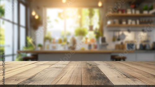 Empty beautiful wood table and blur bokeh modern kitchen interior background in clean and bright