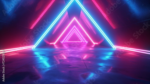 Fantastic background, geometric neon lights and glow, symmetric, dark reflection