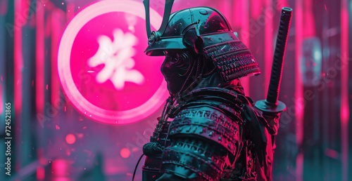 Futuristic samurai with sword at city street