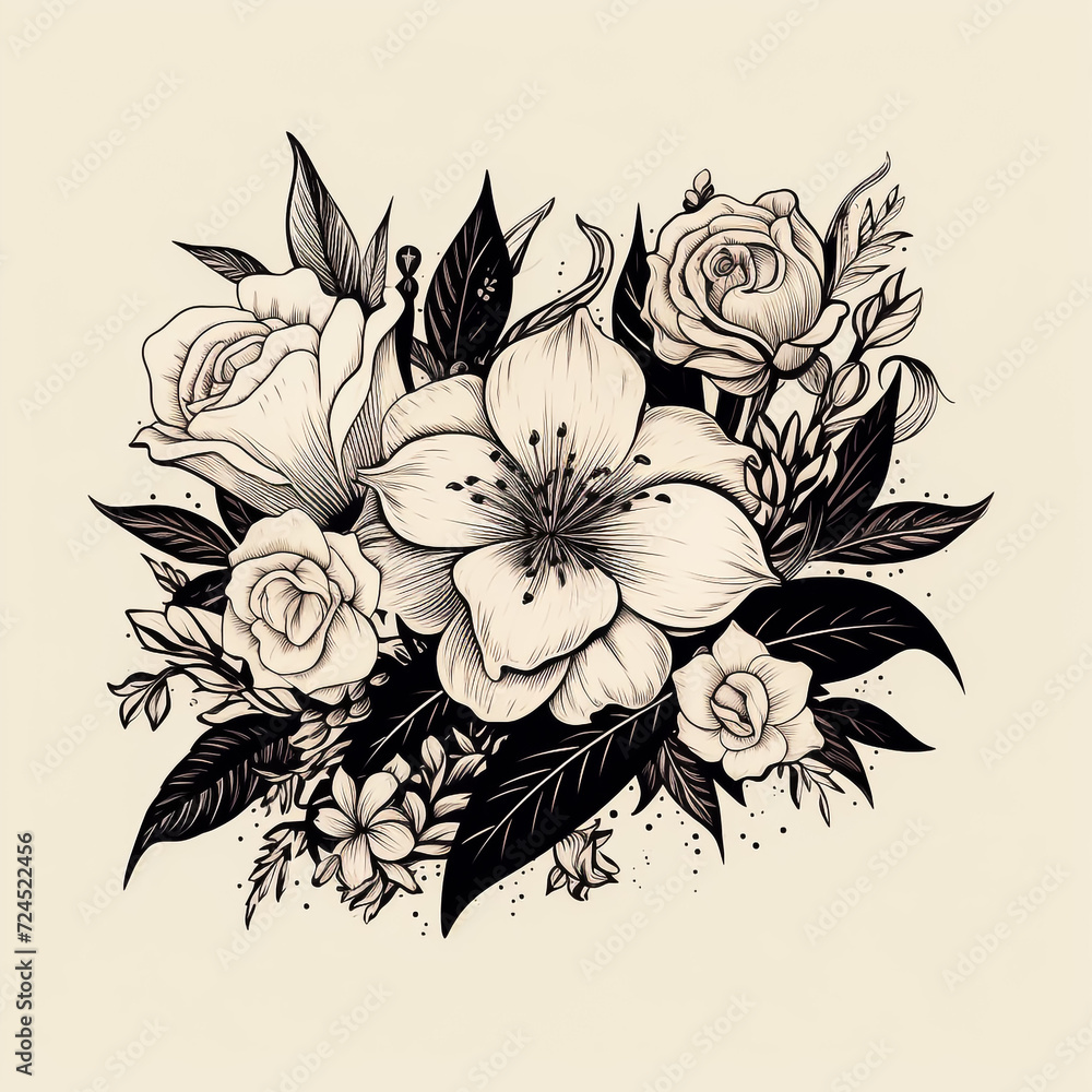 Hand drawn bunch with rose flowers and small gypsophila isolated on white background. Pencil drawing monochrome elegant floral composition in vintage style, t-shirt, tattoo design.