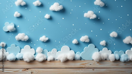 Cute children or baby background. White baby clouds on isolated blue background with wooden board.
