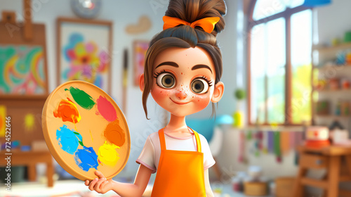 A vibrant and creative cartoon girl with a paint palette, showcasing her artistic talent in a stylish 3D headshot illustration. Dressed in a lively orange apron, she exudes joy and creativit