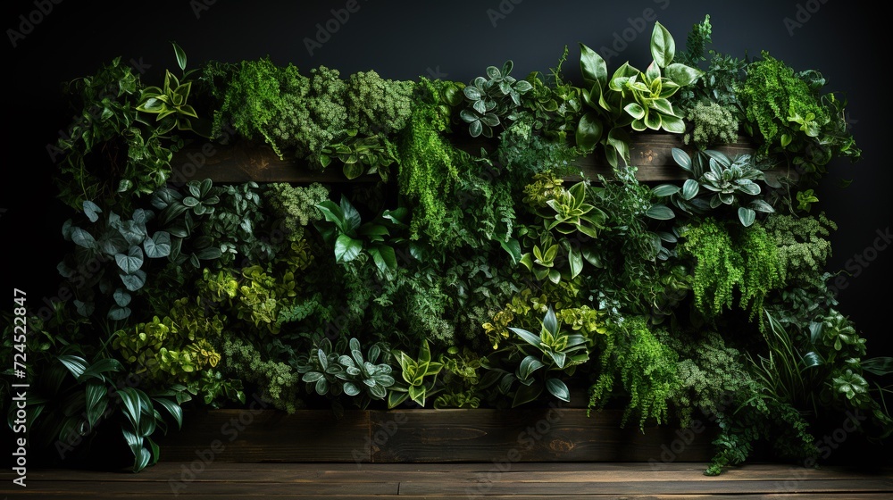 Fototapeta premium Wall covered with green plants and wooden floor. Indoor eco garden. Indoor ecosystem.