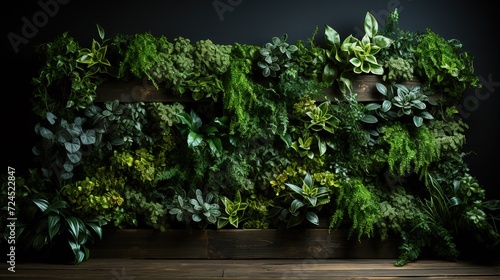 Wall covered with green plants and wooden floor. Indoor eco garden. Indoor ecosystem.
