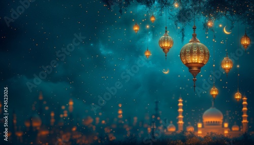 lanterns hanging from a tree with lights in the blur background © Nob